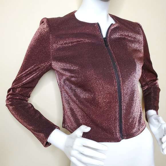 T Tahari Women's Bronze Shine Metallic Full Zip Cropped Jacket SZ XS - Picture 3 of 9